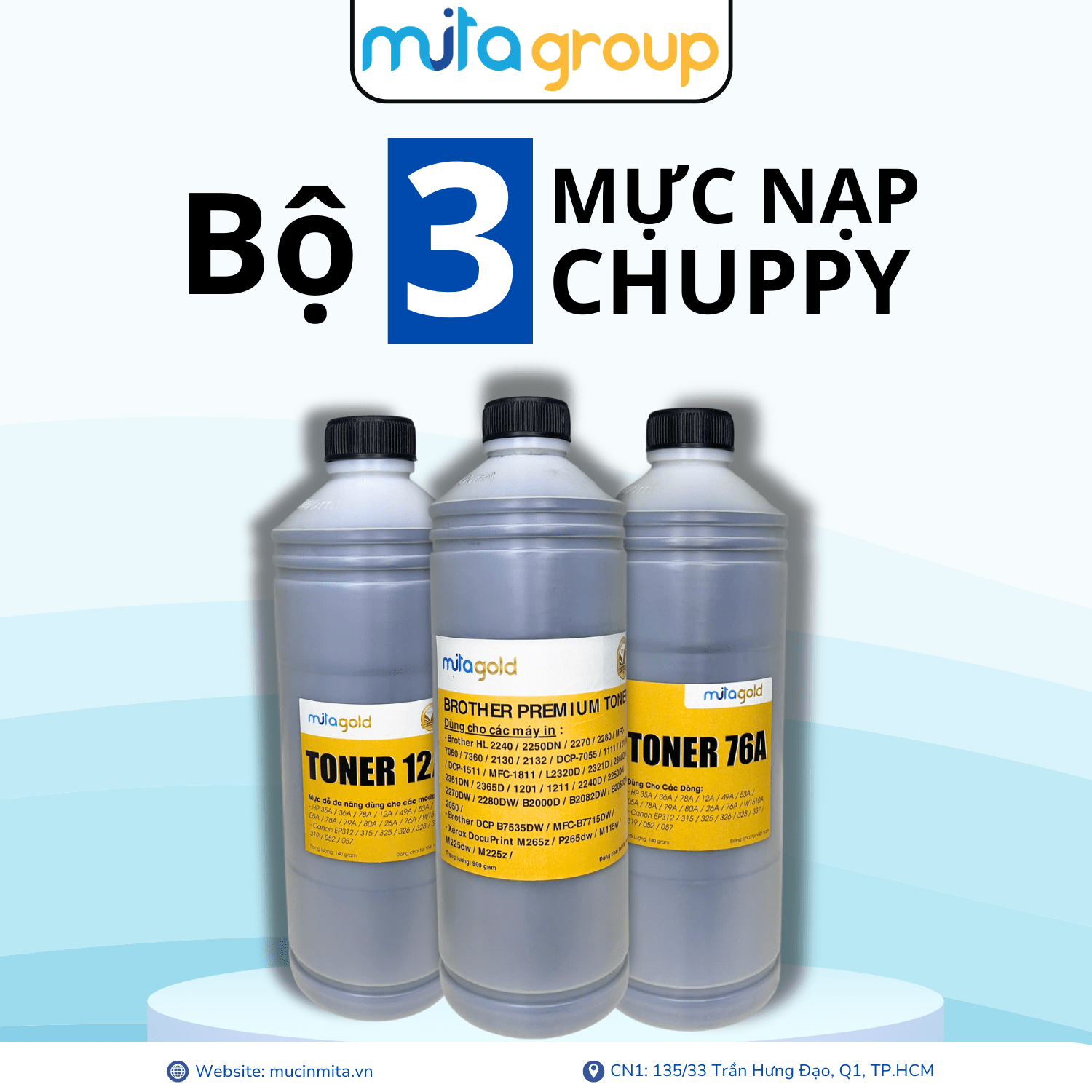 Chai Chuppy Mita Gold 12A, Mita Gold 76A & Brother TNB022/2385 (1000G): Nạp Mực Cực “Chuppy”